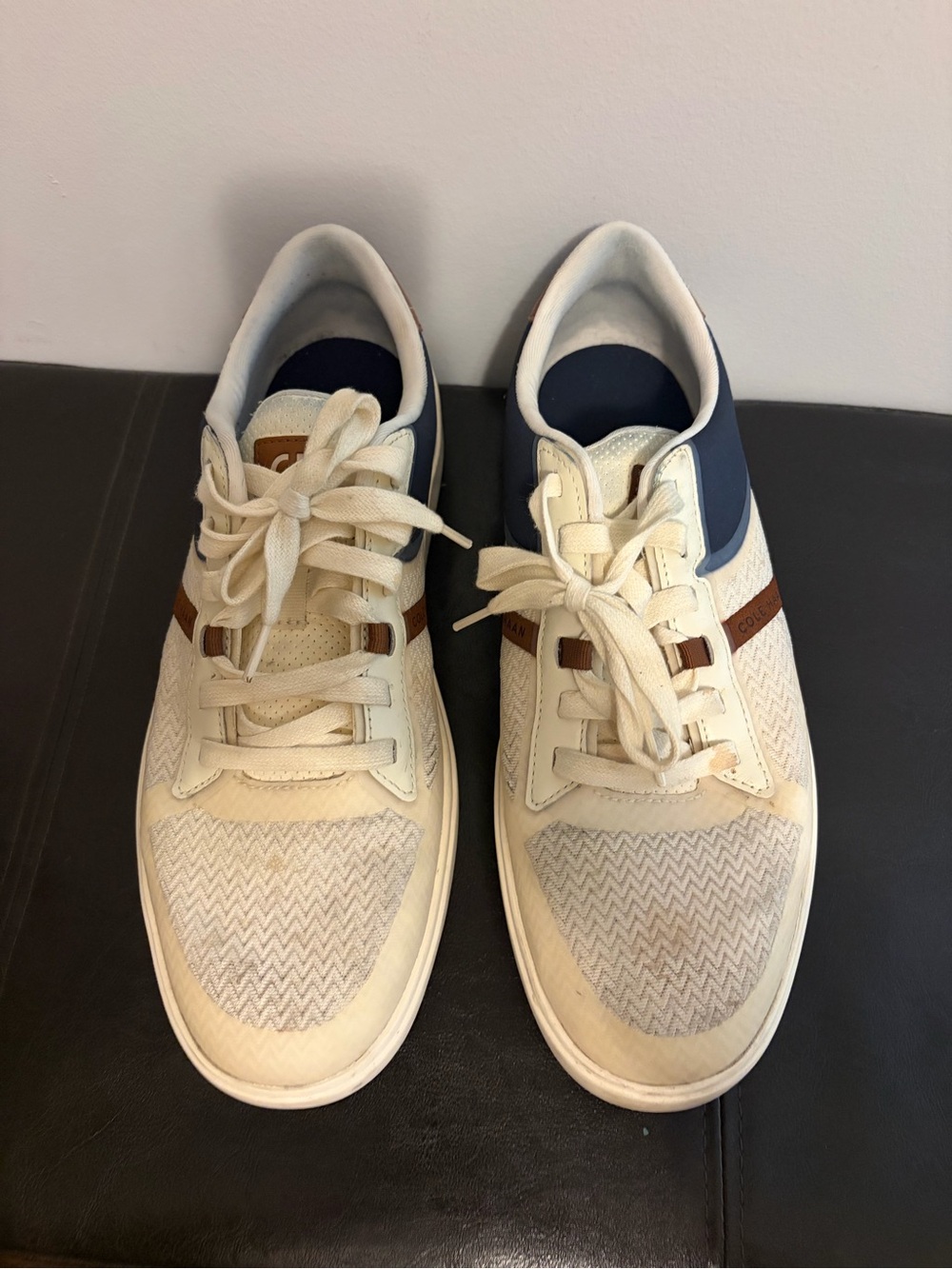 Cole Haan Cream and Navy Low-Top Sneakers with Brown Accents